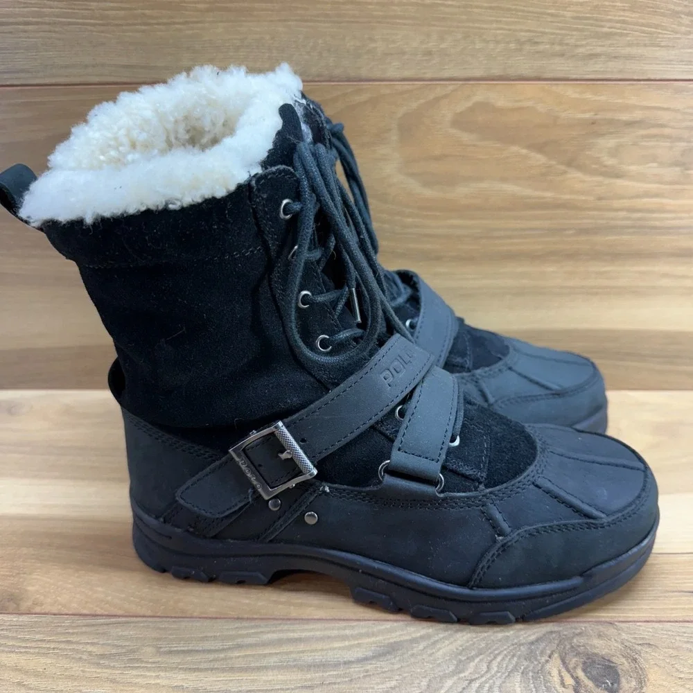 Polo Ralph Lauren Tavin‎ Shearling Boots Big Boys Size 4.5 Black Leather Suede